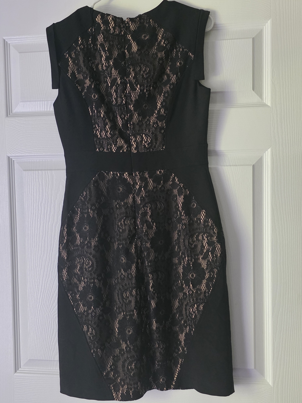 Saks Fifth Avenue Black Lace-Panel Mini Dress with Nude Underlay